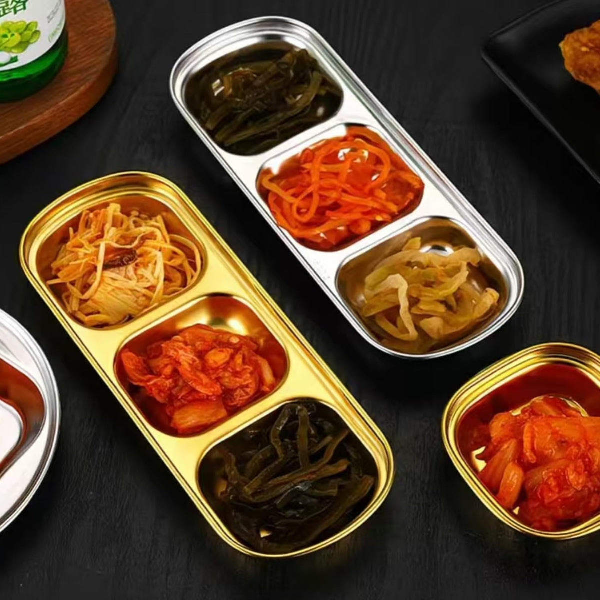 6 Pcs Stainless Steel 3-Compartment Condiment Tray – Korean Style Soy Sauce Dish for BBQ, Banchan, Spices, Salt, Sugar – Stackable Divided Server for Home & Restaurant Use
