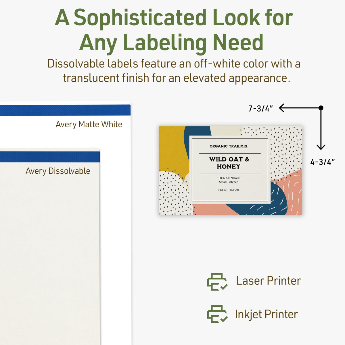 Avery Dissolvable Rectangle Labels, Sure Feed Technology, 4.75" x 7.75", Matte White, Print-to-The-Edge, Laser/Inkjet Printable, 50 Labels Total