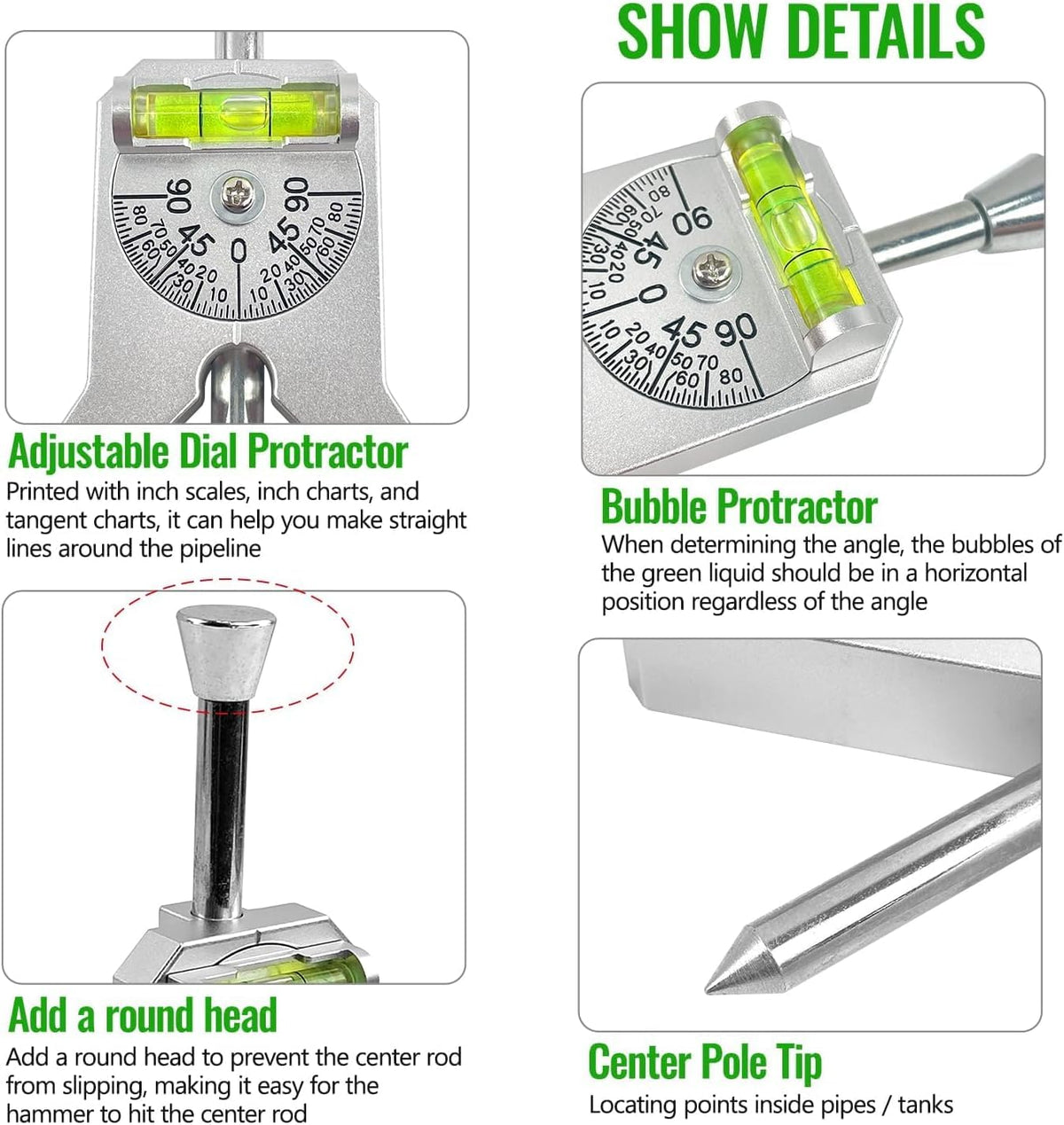 Pipe Center Finder Punch Tool, Fitting Tools, Stainless Steel Center Punch Tool, with Adjustable Dial Bubble Protractor, Pipe Marker for 1/2" or Larger, Marking and Positioning for Pipe Fitters