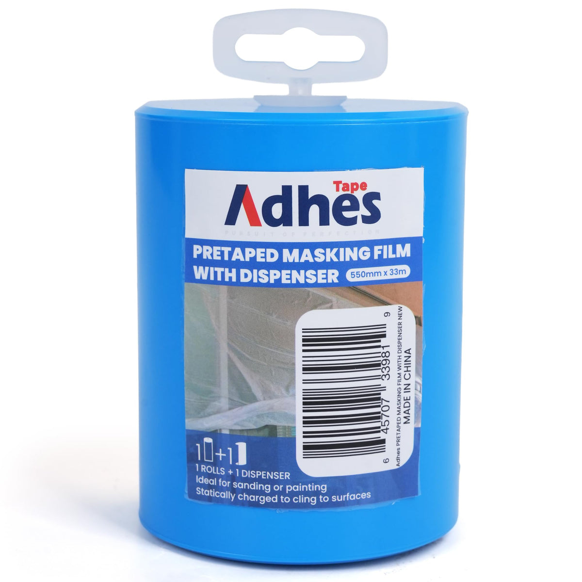 ADHES Pretaped Masking Film with Dispenser, 550mm x 33m (22in x 108ft), Paint Protection Plastic Drop Cloth for Painting, Automotive, Furniture and Floor Covering 22in x 108ft 1