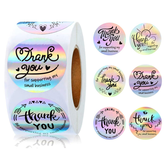 500PCS Thank You Sticker Roll, Holographic Rainbow Self-Adhesive Sticker Labels for Small Business, Gift Wrap, Envelope Closure, 1 inch