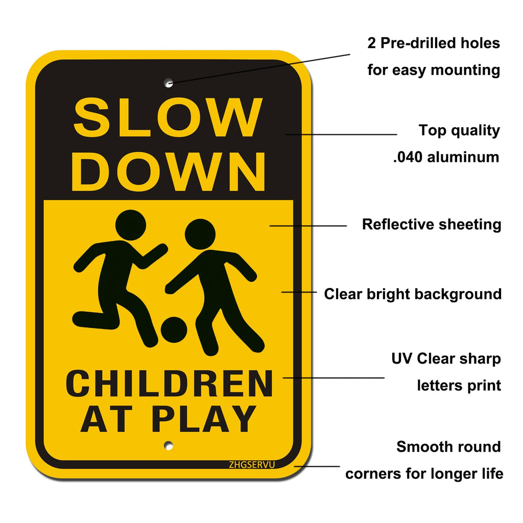 Slow Down Children at Play Signs 2-Pack, Reflective Metal Children Playing Safety Signs, 18” x 12” Rust Free Aluminum, UV Protected Neighborhood Street Caution Safety Yard Signs children at play 02
