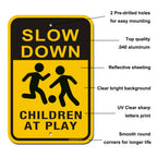 Slow Down Children at Play Signs 2-Pack, Reflective Metal Children Playing Safety Signs, 18” x 12” Rust Free Aluminum, UV Protected Neighborhood Street Caution Safety Yard Signs children at play 02