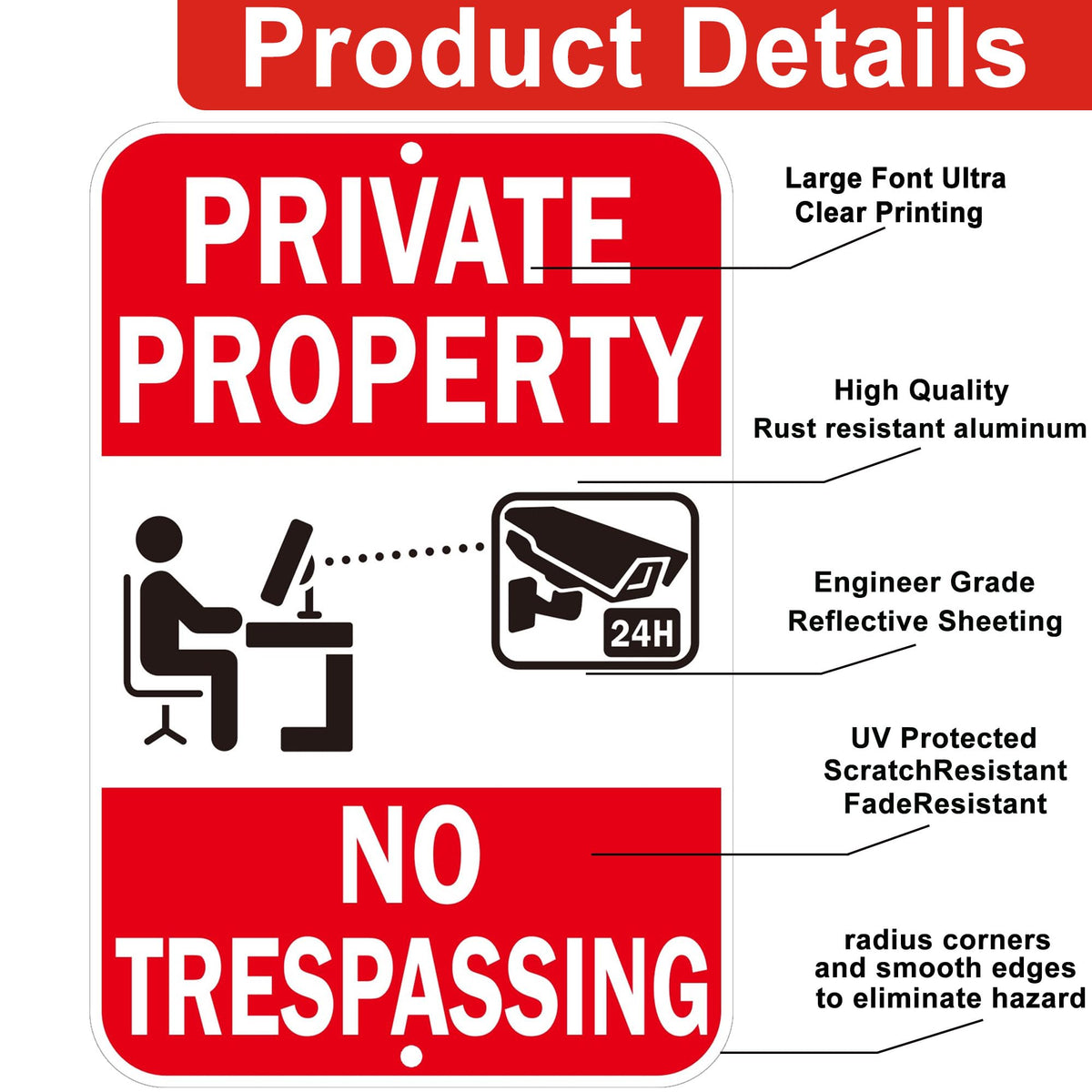 Security Signs Private Property No Trespassing Sign, Reflective Aluminum, 18 x 12 Inches, Weather Resistant, Waterproof, 2 Pack Red - 2 Pack - 12" x 18"