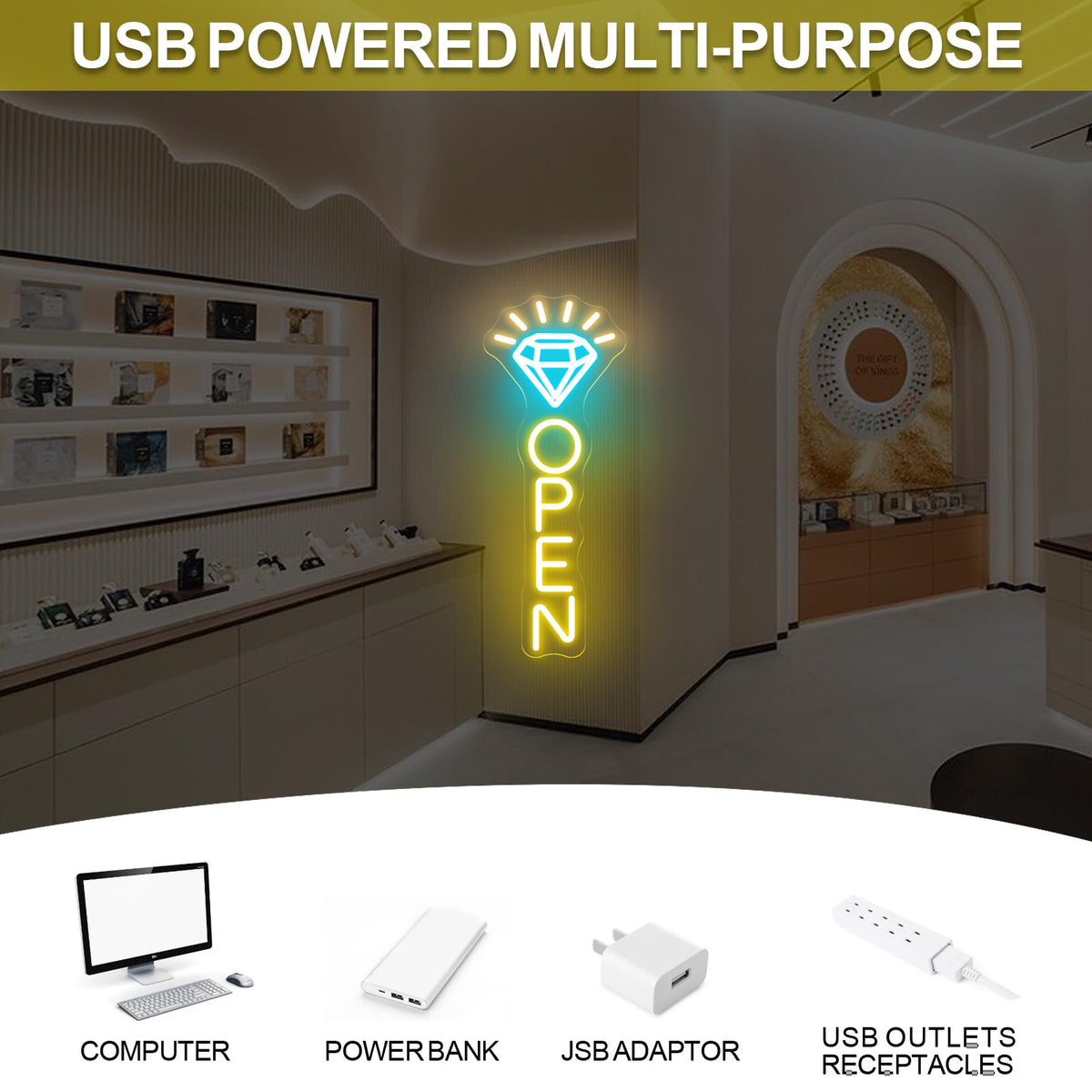 Diamond Open Neon Sign, Jewelry Store LED Window Light for Boutique Display