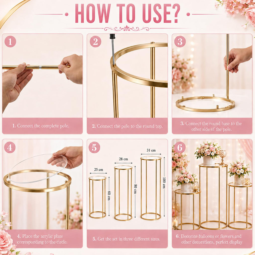 3Pcs Cylinder Stands for Party With 50 Balloons, Gold Cylinder Pedestal Stand, Cilindros para Fiestas Cake pedestal Stand Metal Round Display Plant Stand Tables for Weddings Birthday Decorations