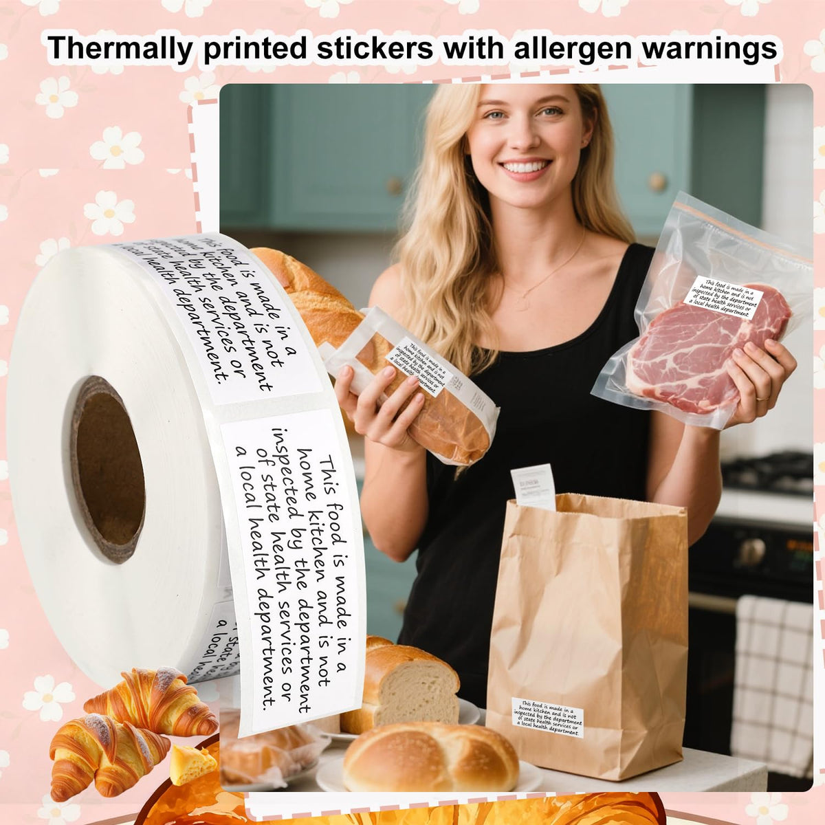 500pcs Cottage Food Law Labels Stickers, 2x1in Square Thermal Printed Adhesive Baked Bread Jam Jar Labels Made in Home Kitchen Baking Inspection Statement for Homemade Bakery Food Packaging
