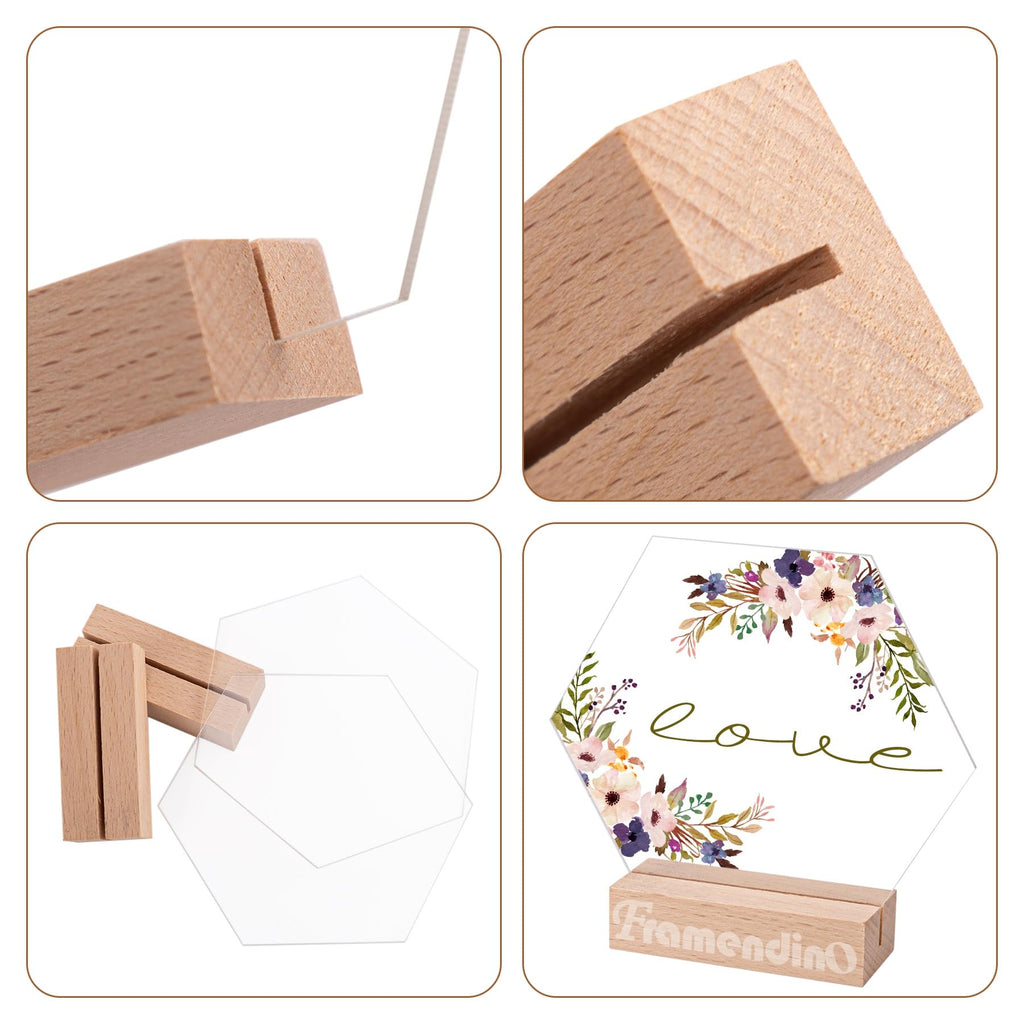Framendino, 10 Pack Hexagon Acrylic Table Sign with Wood Stand DIY Wedding Signs Blank Holder Numbers Base for Party Decor