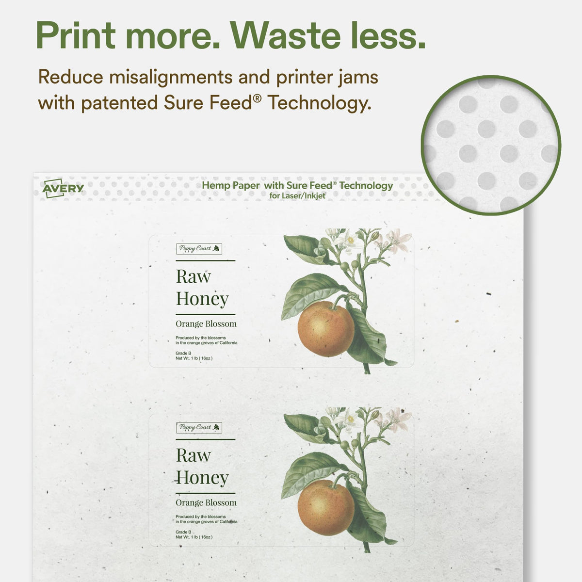 Avery® Printable Rectangle Hemp Labels, Sure Feed® Technology, 2-1/2" x 5", Off-White, Print-to-the-Edge, Laser & Inkjet Compatible, 60 Total, Great for Product Branding, Packaging, and More 60 Labels