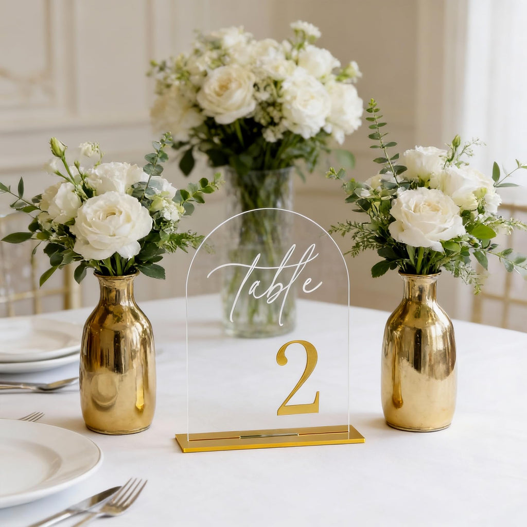 12Pcs Arch Wedding Table Numbers 1-12 with Stands, 5.5" X 7.2" Gold Table Numbers Elegant Clear Acrylic Tables Number with Golden Text for Wedding Reception, Anniversary, Banquet, and Event Decor