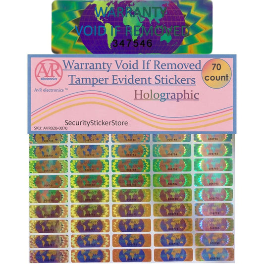 70 Hologram Tamper Evident, Tamper Proof Stickers. Warranty Void If Removed. Individual Serial Numbers. Tamper Foil Tape Labels. Destroyed Upon Removal with Residual Text Left on Item. (70 Stickers) 70 Stickers