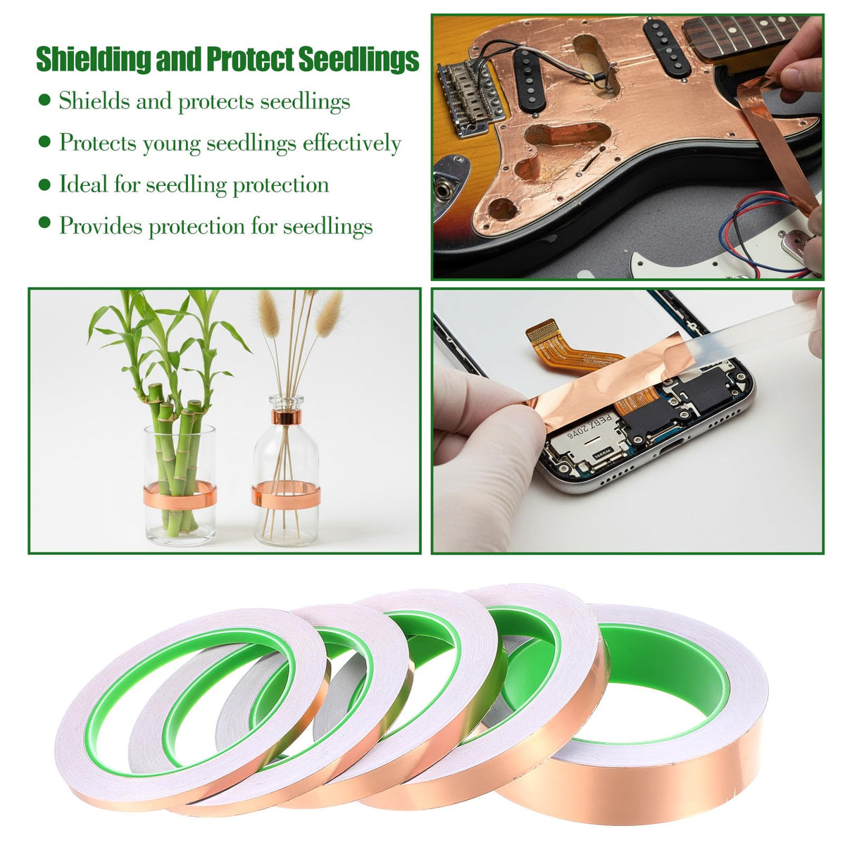 5 Pack Copper Foil Tape with Conductive Adhesive, 5 Size 1.97mil x 0.2/0.25/0.4/0.5/1Inch x 66ft Double Sided Copper Tape for Electrical Repairs, Guitar, Stained Glass, Grounding, Crafts