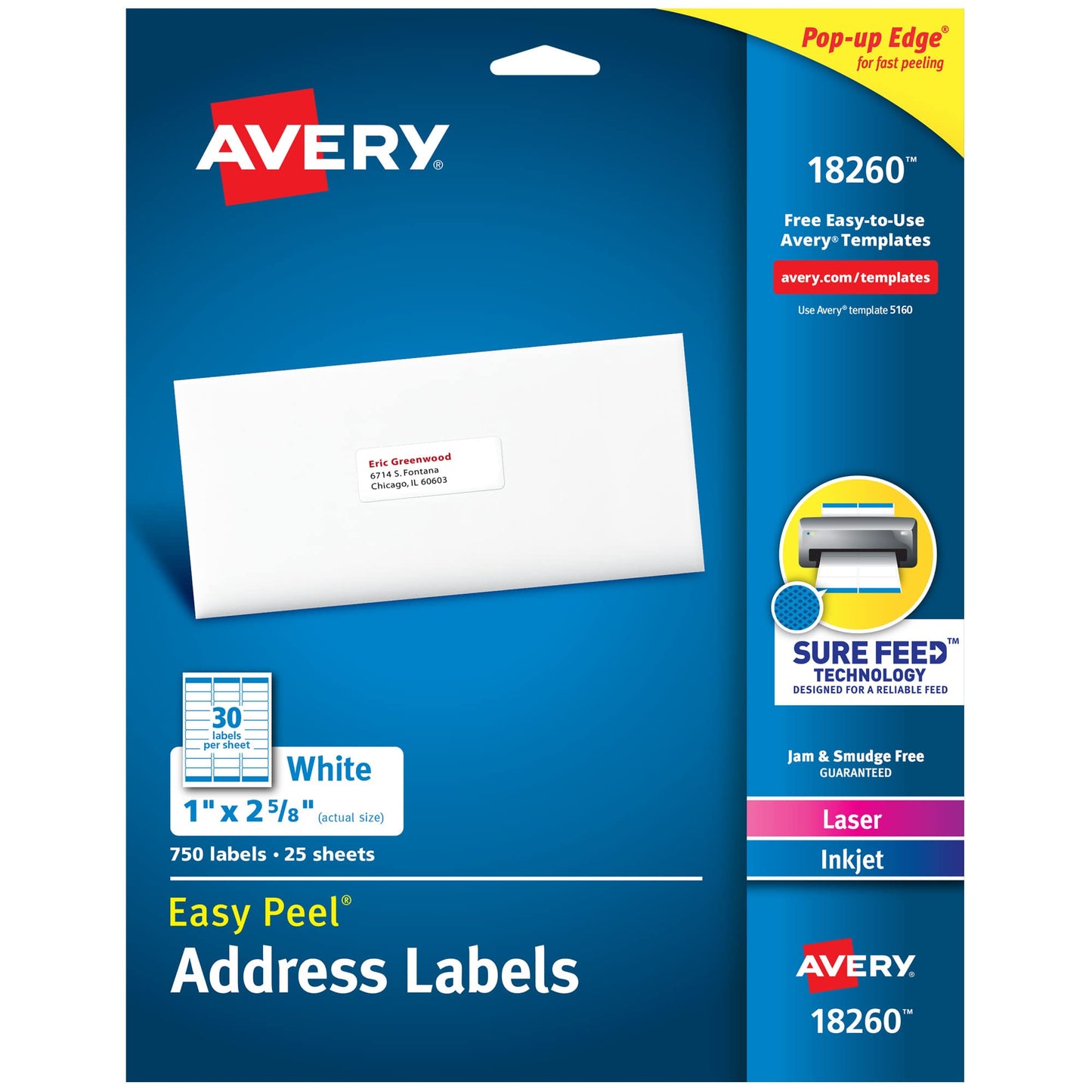 Avery ID Labels, Sure Feed Technology, Permanent Adhesive, 2" x 2-5/8", 225 Labels (6572) & Easy Peel Printable Address Labels with Sure Feed, 1" x 2-5/8", White, 750 Blank Mailing Labels (18260) Labels + Labels, (18260)