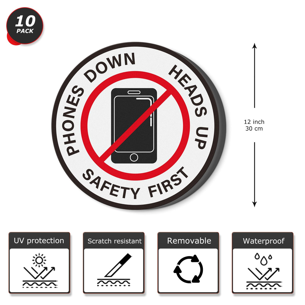 Phones Down Heads Up Sticker 12 Inch Vinyl Safety Floor Sign 10 PCS