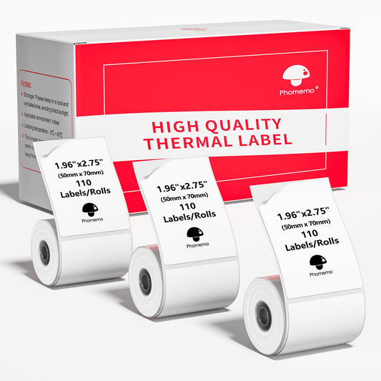 [3x110 pcs] Phomemo Thermal Sticker Label Paper, Multi-Purpose Self-Adhesive Tag for M110, M220, M120, M200, M221,M150,M250 Label Maker, Phomemo Original Labels 1.96"x2.75" (50x70mm), Black on White 1.96"x2.75" Address Labels