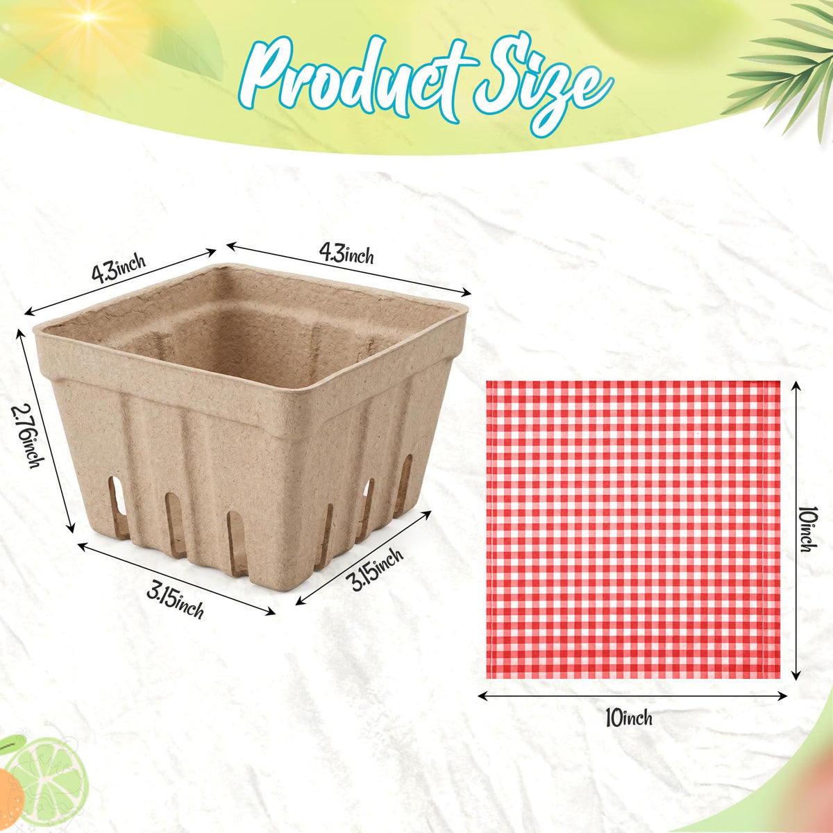 Domensi 50 Pcs Natural Pulp Fiber Berry Basket 100 Pcs Sheets of 10 x 10 Inches Wax Paper, Molded Ventilated Produce Baskets for Strawberry Blueberry Vegetable Farmer Market Grocery Stores Party Red