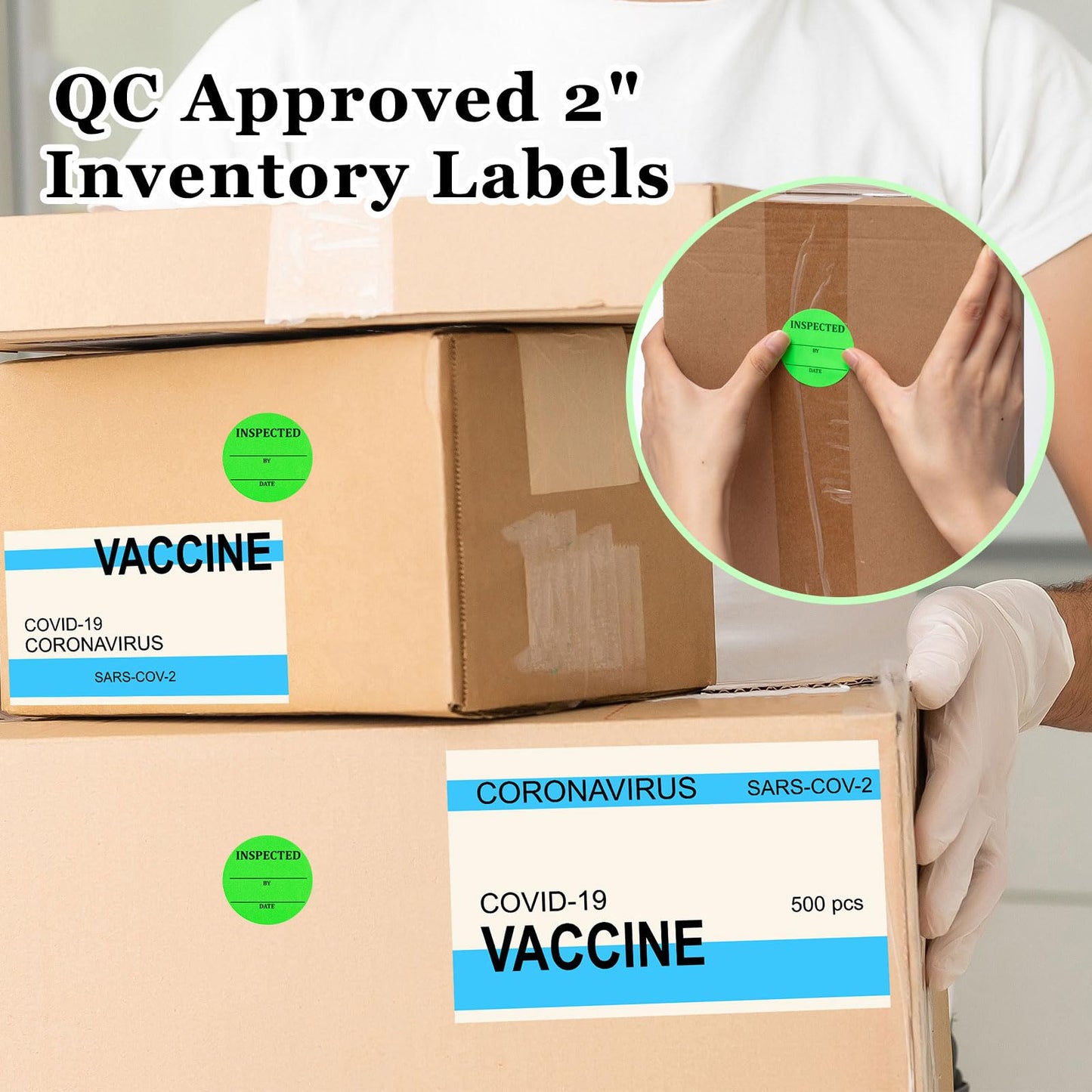 Gueevin 1000 Pcs Circle Inventory Labels QC Passed 2" Quality Control Inspected by Inventory Stickers Fluorescent Green Label Writable Handling for Shipping Control Organization