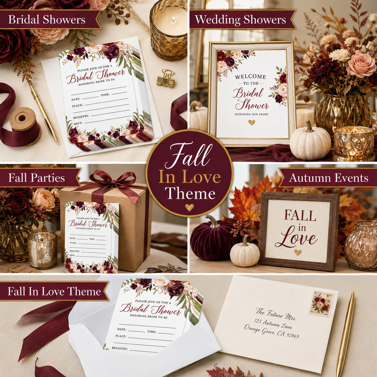Andaz Press Fall Autumn Burgundy Maroon Floral Flowers, 5X7-Inch Fill in The Blank Bridal Shower Invitations with Envelopes, 24-Pack, Includes Cards & Envelopes Fall Bridal Shower Invitations