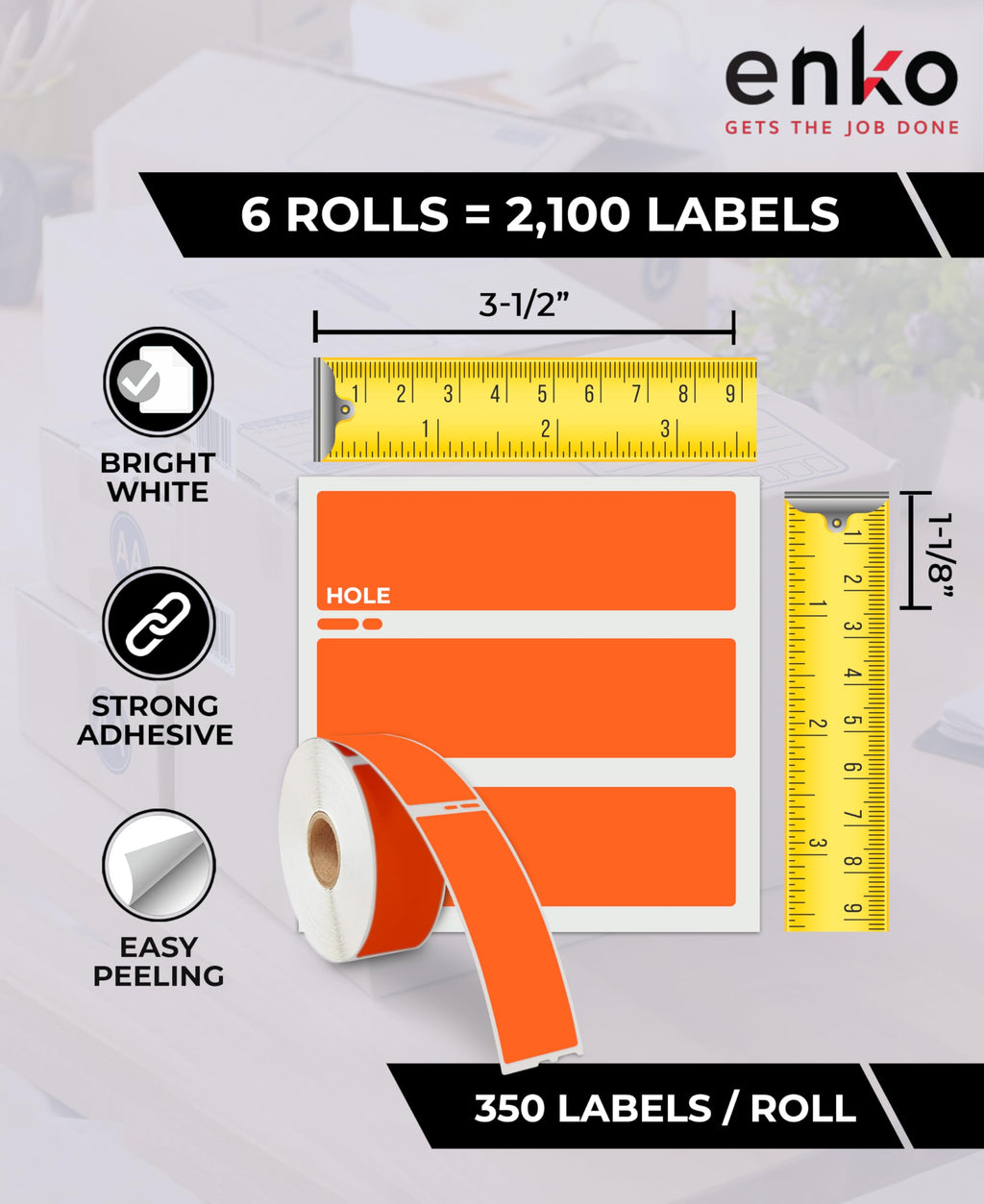 enKo 30252 6 Rolls | 2100 Orange Return Address Labels (1-1/8 x 3-1/2 in)