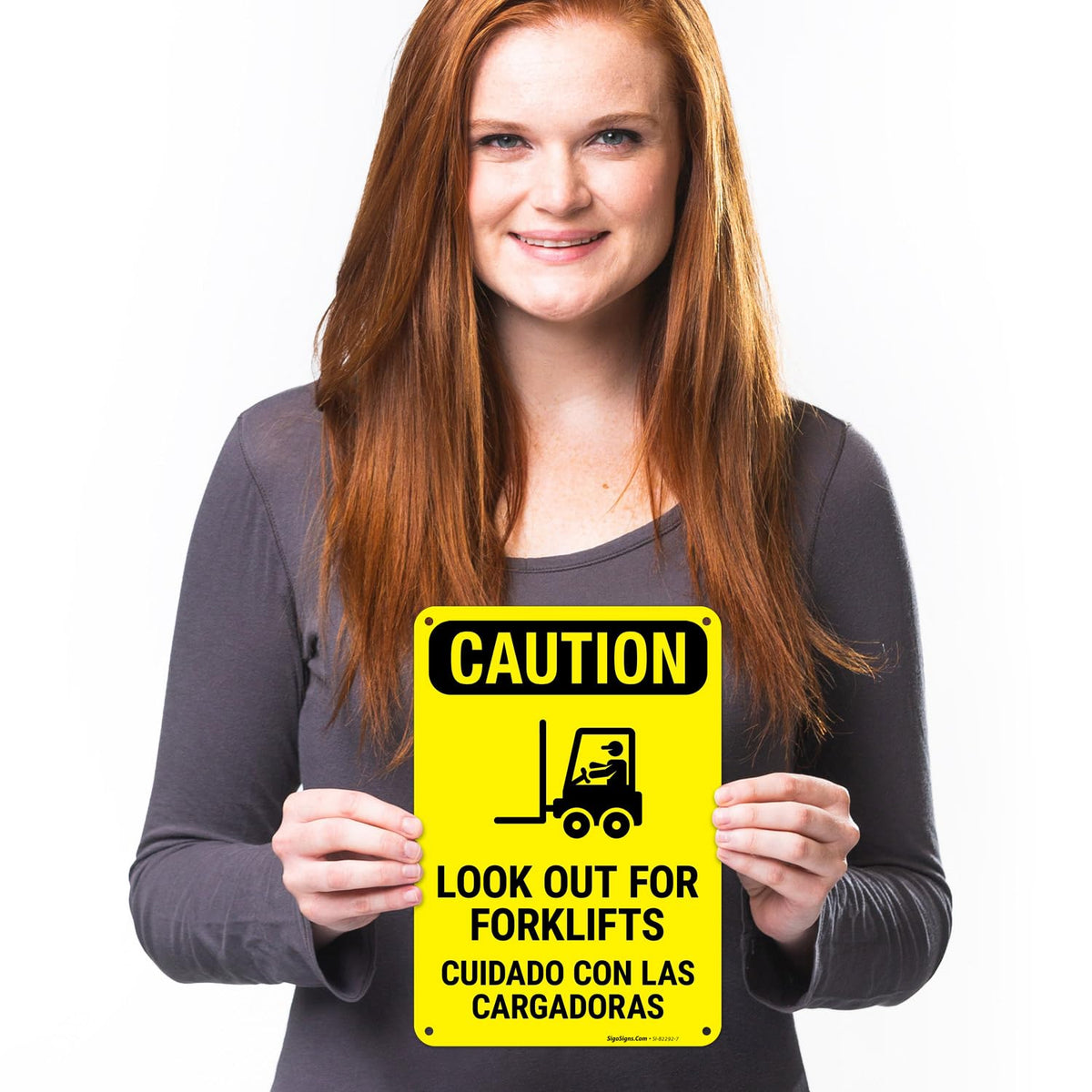 Caution Look Out for Forklifts Bilingual with Graphic OSHA Sign, 10x7 Inches, Rust Free .040 Aluminum, Fade Resistant, Made in USA