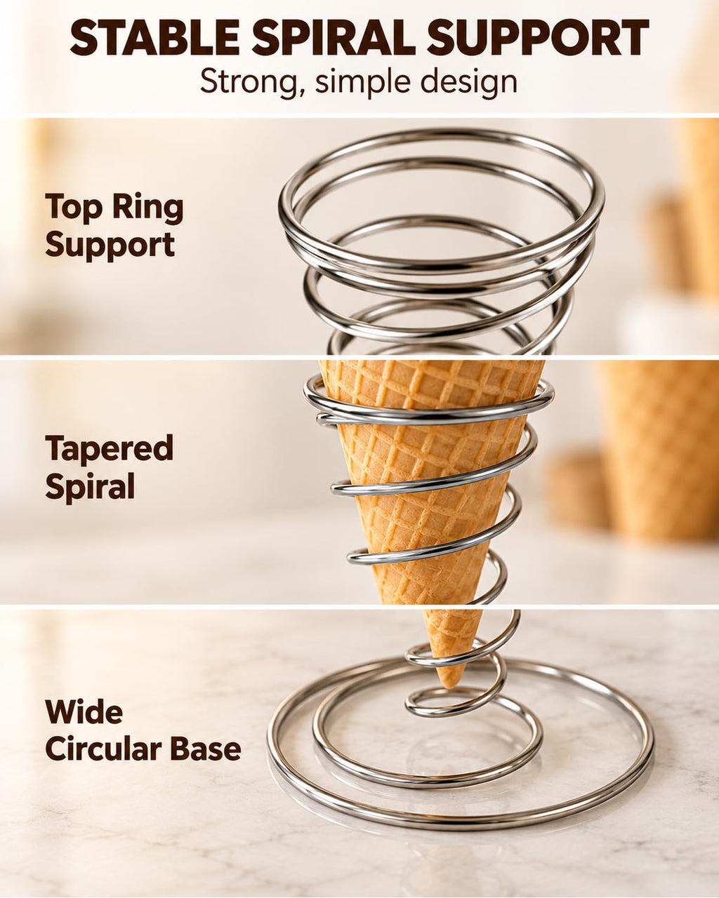 4 Pack Ice Cream Cone Holders, Stainless Steel Spiral Waffle Display Stands with Round Base for Sugar Cones, Pizza, Sushi, Parties, Catering and Dessert Tables