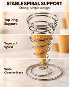 4 Pack Ice Cream Cone Holders, Stainless Steel Spiral Waffle Display Stands with Round Base for Sugar Cones, Pizza, Sushi, Parties, Catering and Dessert Tables