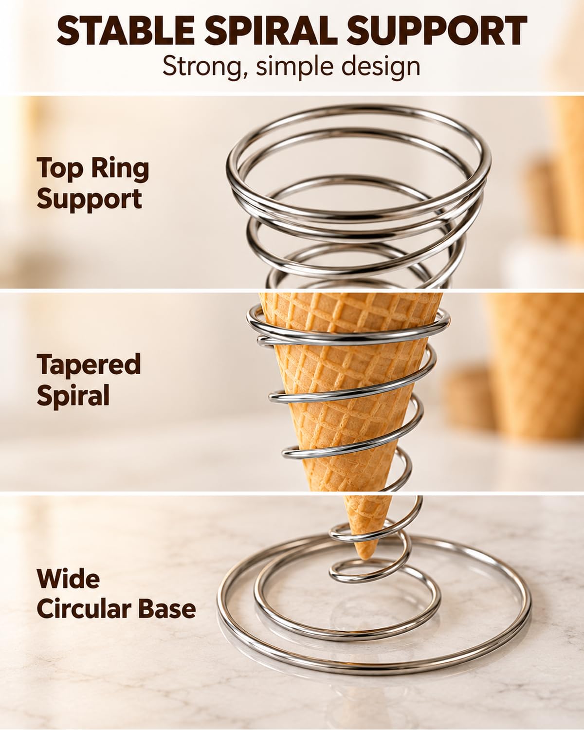4 Pack Ice Cream Cone Holders, Stainless Steel Spiral Waffle Display Stands with Round Base for Sugar Cones, Pizza, Sushi, Parties, Catering and Dessert Tables