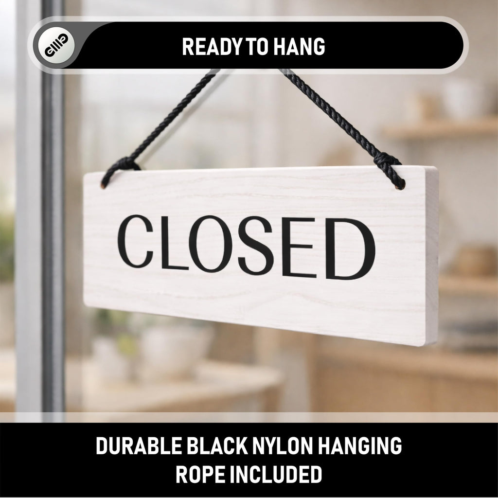 Open Closed Business Sign – Double Sided Real Ash Wood Hanging Open Sign for Storefront Door or Window - White Minimalist We Are Open Sign - 10 x 4 Inch