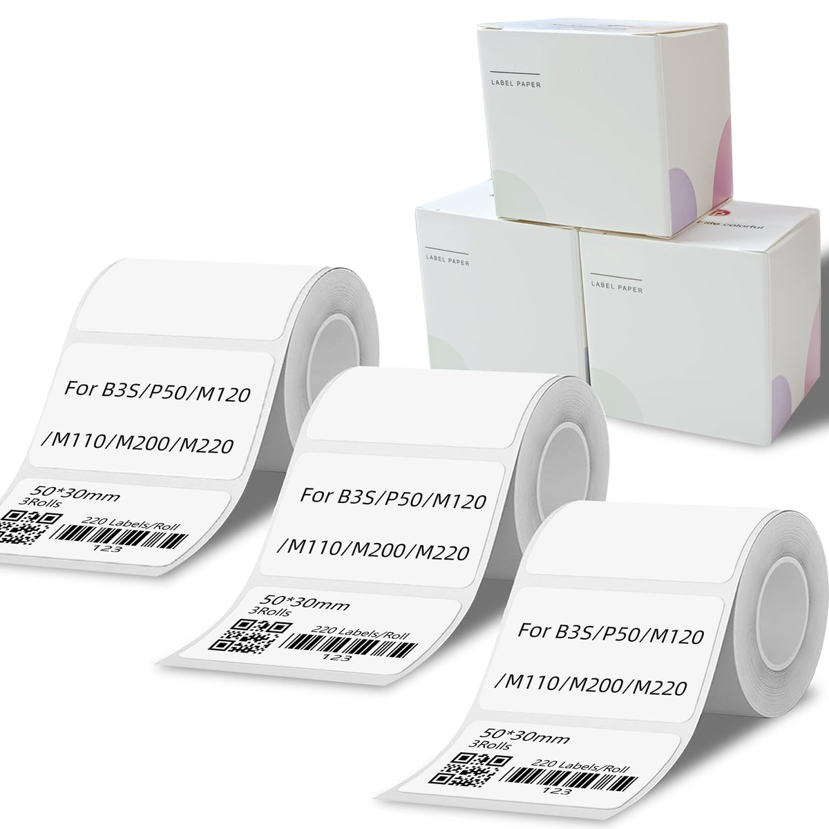 3 Rolls 1.97"x1.18" (50x30mm) Label Paper for B3S/P50/M120/M110/M200/M220, Thermal Label Sticker Multi-Purpose Square Self-Adhesive Labels, 220 Labels/Roll, White 50x30mm-White