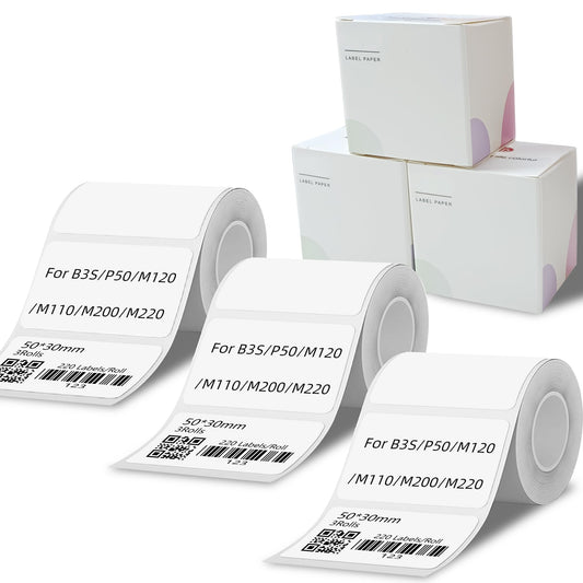 3 Rolls 1.97"x1.18" (50x30mm) Label Paper for B3S/P50/M120/M110/M200/M220, Thermal Label Sticker Multi-Purpose Square Self-Adhesive Labels, 220 Labels/Roll, White 50x30mm-White