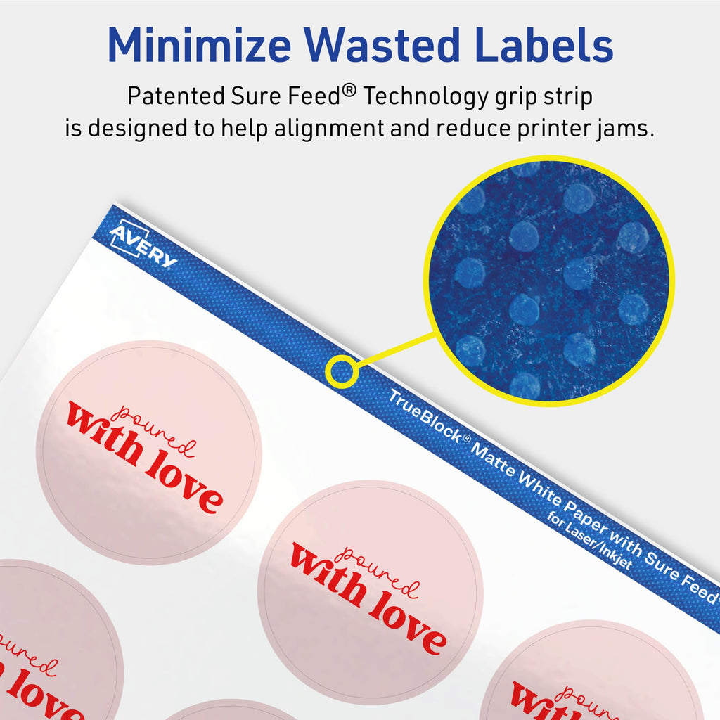 Avery TrueBlock Matte White Round Labels, Sure Feed Technology, 1-5/8" Diameter, 1,000 Matte White Labels, Print-To-The-Edge, Laser/Inkjet Printable, Great for Making Stickers or Product Merchandising 1,000 labels