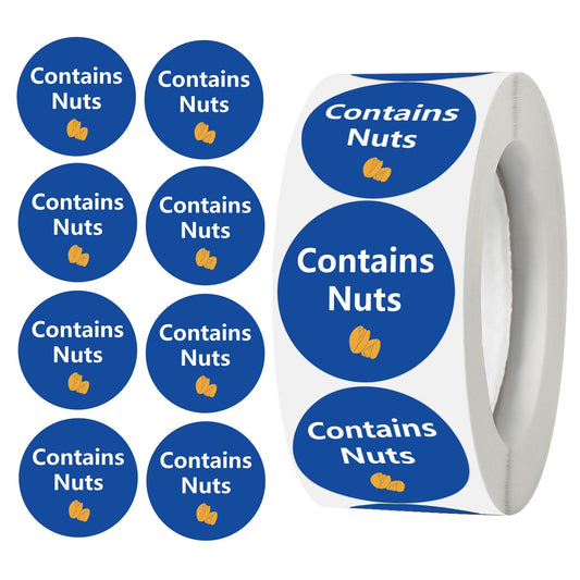 Contains Nuts Labels 1 inch Allergen Warning Stickers Round Allergies Food Rotation Advisory Circle Dots for Jars Glass Bottle Retail Packaging 500 pcs per roll