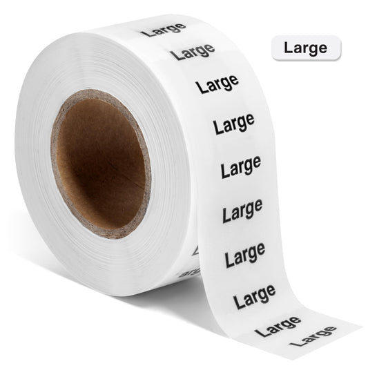 2500pcs Large Clothing Size Labels, 1" x 0.35" Labels, Large, 2500 Labels/Roll, Clear Clothing Size Sticker Labels for Shirts, Pants, Accessories, Retail Clothing