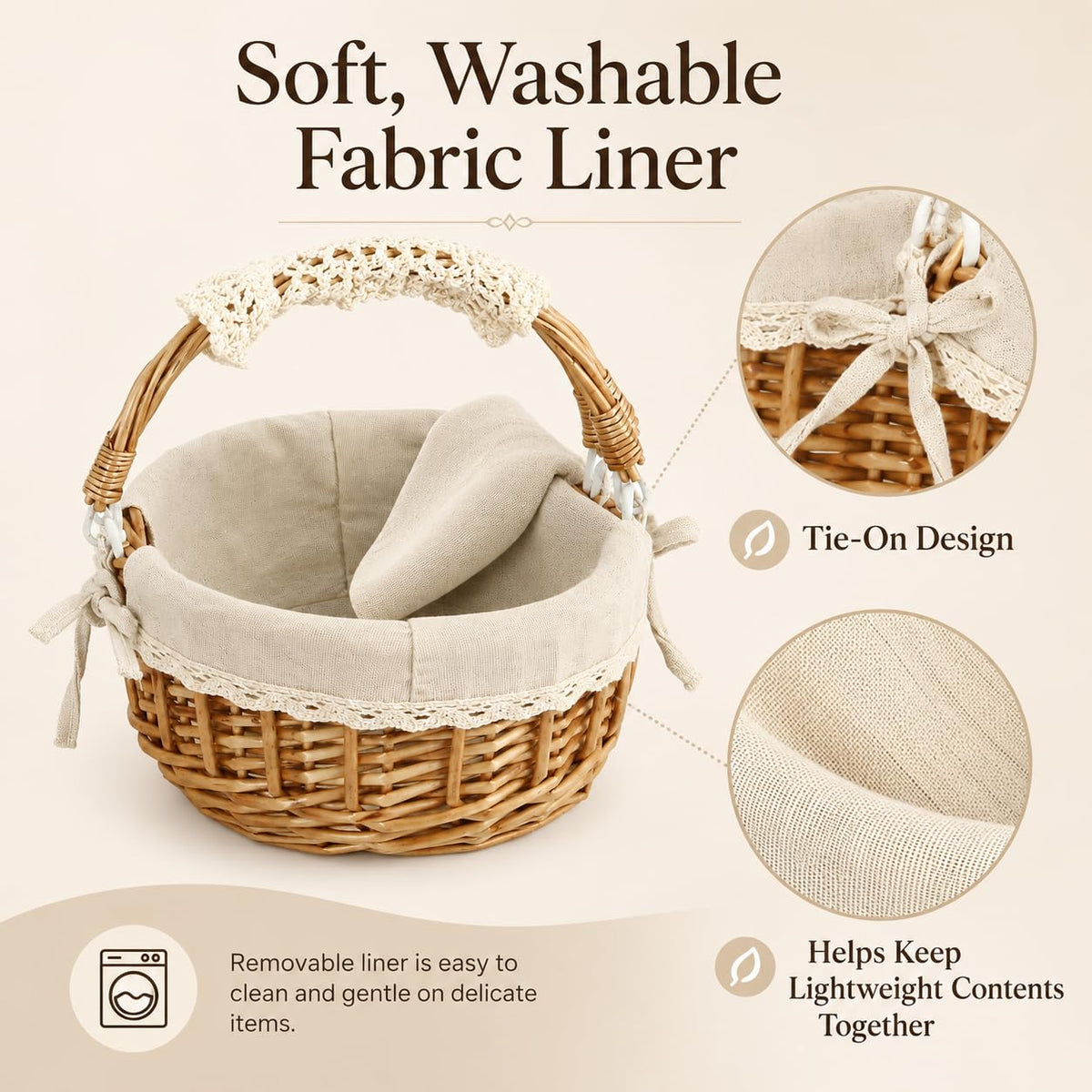 10.2-Inch Empty Round Wicker Easter Basket with Fabric Liner