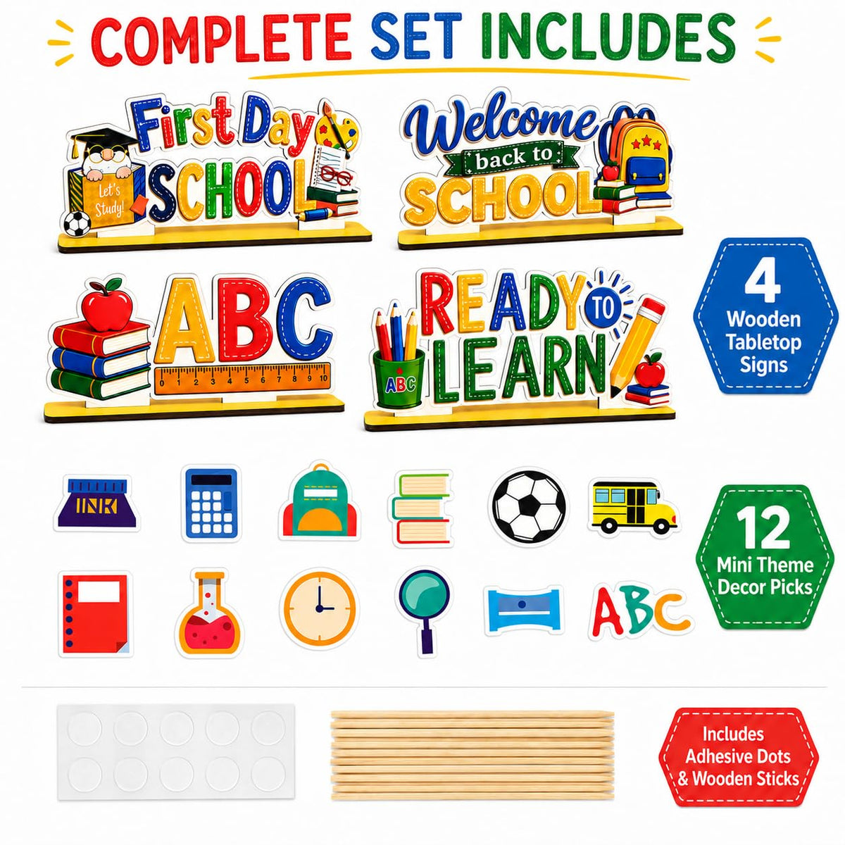 5 Pcs Back to School Decorations, Wooden Table Sign Set, First Day of School Desk Decor for Classroom Teacher Office Homeschool Bus–double-sided