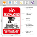 2 PC No Trespassing Signs Private Property, 18"x12" Video Surveillance Sign Red