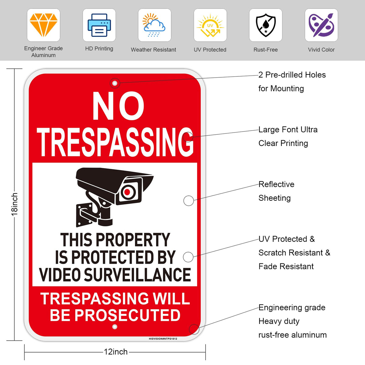 2 PC No Trespassing Signs Private Property, 18"x12" Video Surveillance Sign Red