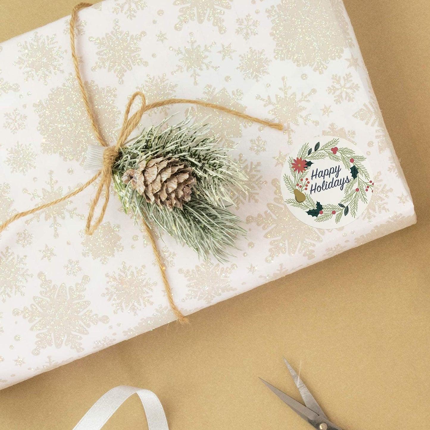 Ivory Holiday Floral Happy Holidays Stickers / 1000 White Wreath Christmas Labels Roll / 1.5" Round Envelope Seals/Made in The USA Ivory