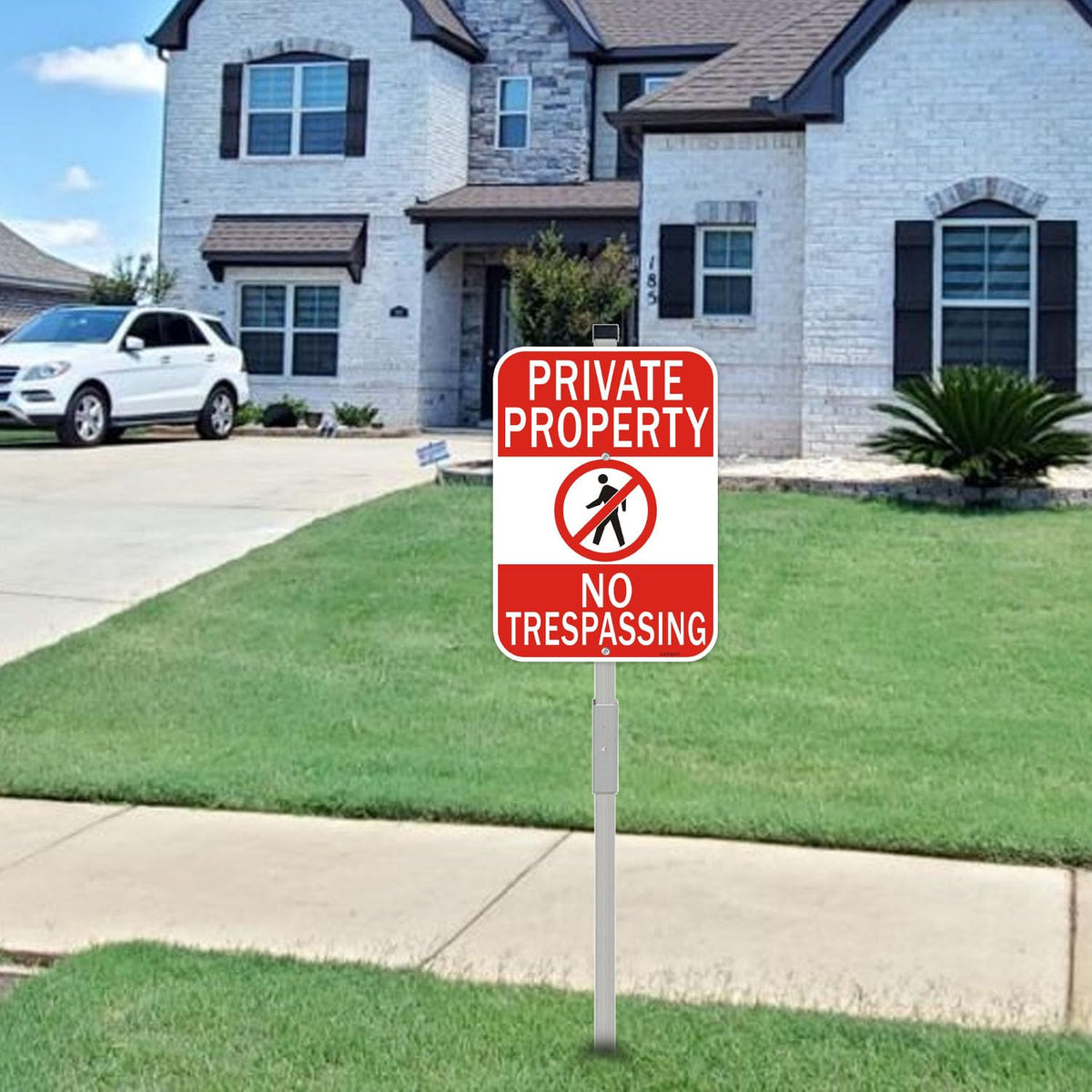 2 Pack Private Property No Trespassing Sign with 36" Metal Stakes, 14" x 10", Reflective Aluminum Sign, Weather Resistant, Waterproof, Easy to Mount 2 Pack-with aluminum Stake