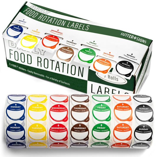 Day Dots Food Labels | 1" Date Dot Stickers for Food Containers, 7000 Labels with Dispenser Box Dispenser Set