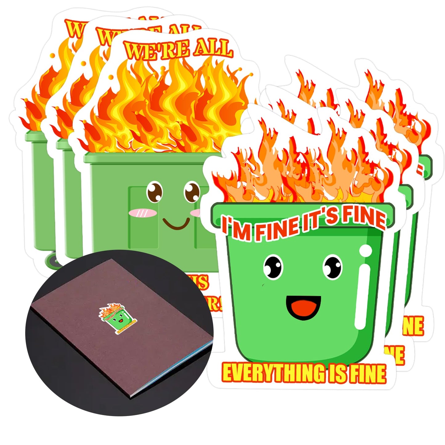 8 Pack It's Fine I'm Fine Everything is Fine Sticker Vinyl Stickers - 3 Inch Funny Fire Dumpster Sticker Inspiration Motivation Gift Decoration Laptop Labels Bumper Stickers