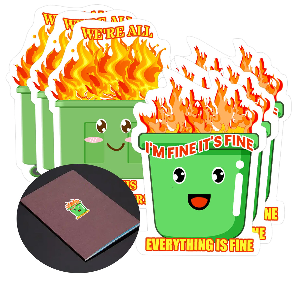 8 Pack It's Fine I'm Fine Everything is Fine Sticker Vinyl Stickers - 3 Inch Funny Fire Dumpster Sticker Inspiration Motivation Gift Decoration Laptop Labels Bumper Stickers