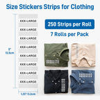 1.25"x5" 1750 Pcs Clear Tshirt Size Stickers Strips for Clothing, XS-XXXL 7 Rolls