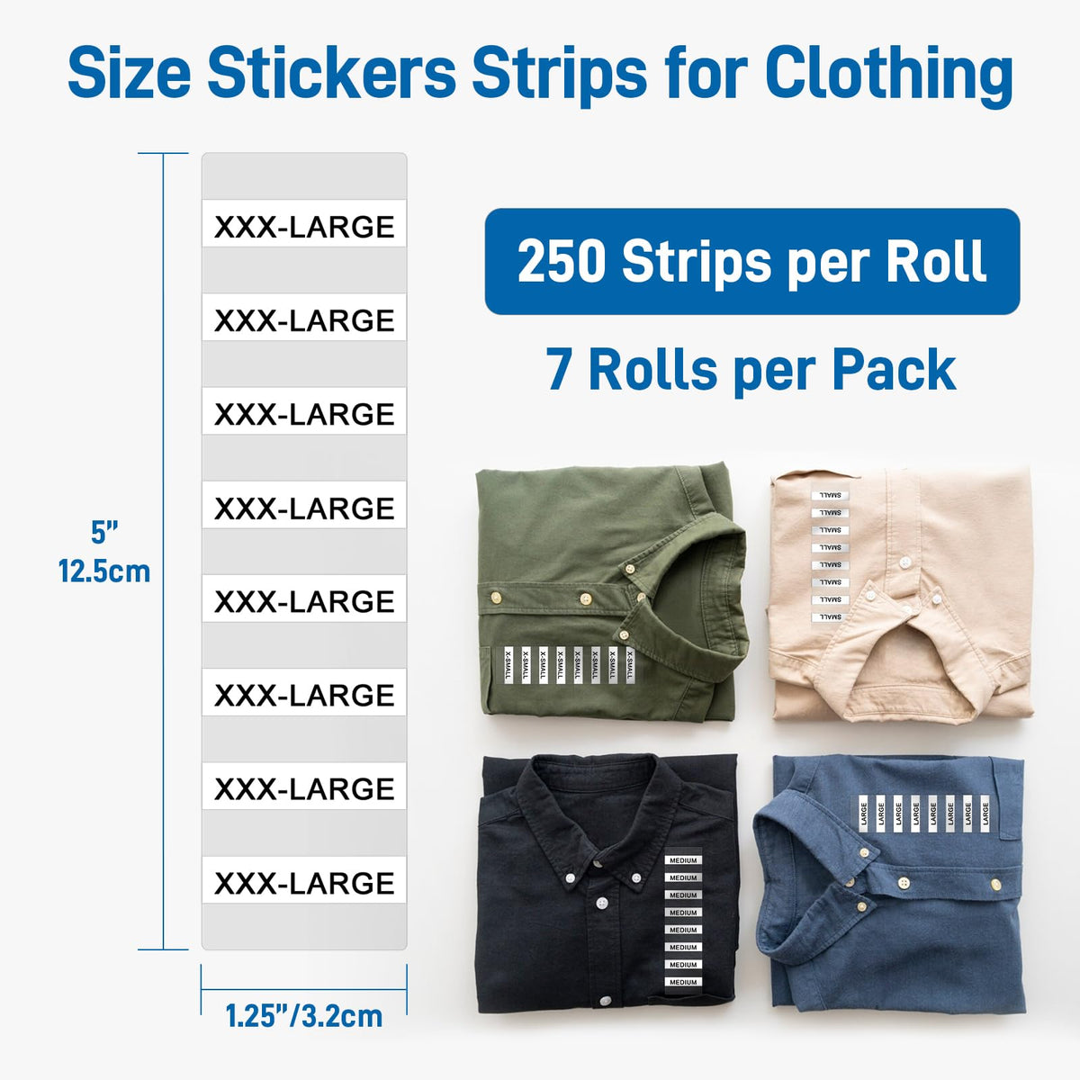 1.25"x5" 1750 Pcs Clear Tshirt Size Stickers Strips for Clothing, XS-XXXL 7 Rolls