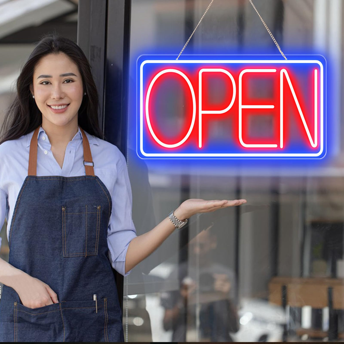 16.5" X 9" Led Neon Open Signs for Business - 12V/2A Ultra Bright Led Neon Sign with ON/OFF Switch - Plug In Electric Light Up Sign for Bar, Salon, Coffee Stores, Club, Hotel (Horizontal) Blue/Red-Horizontal 16.5x9 inch with AC Adapter