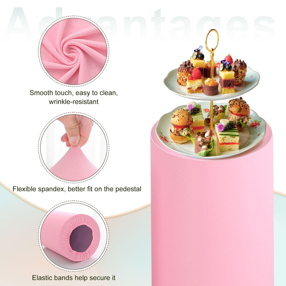 Set of 3 Light Pink Cylinder Spandex Stand Covers, Plinth Stand Cover for Party Wedding Birthday Decoration, Only Contains Cylinder Covers (Elastic Fabric - Large)