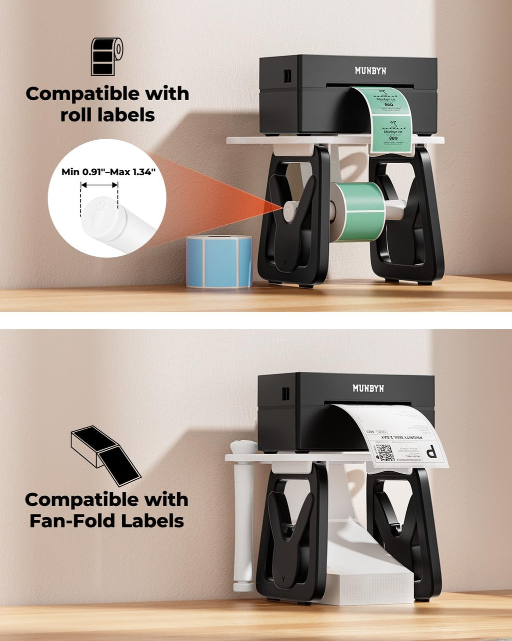 MUNBYN Thermal Label Holder for Rolls and Fanfold Labels Black and White