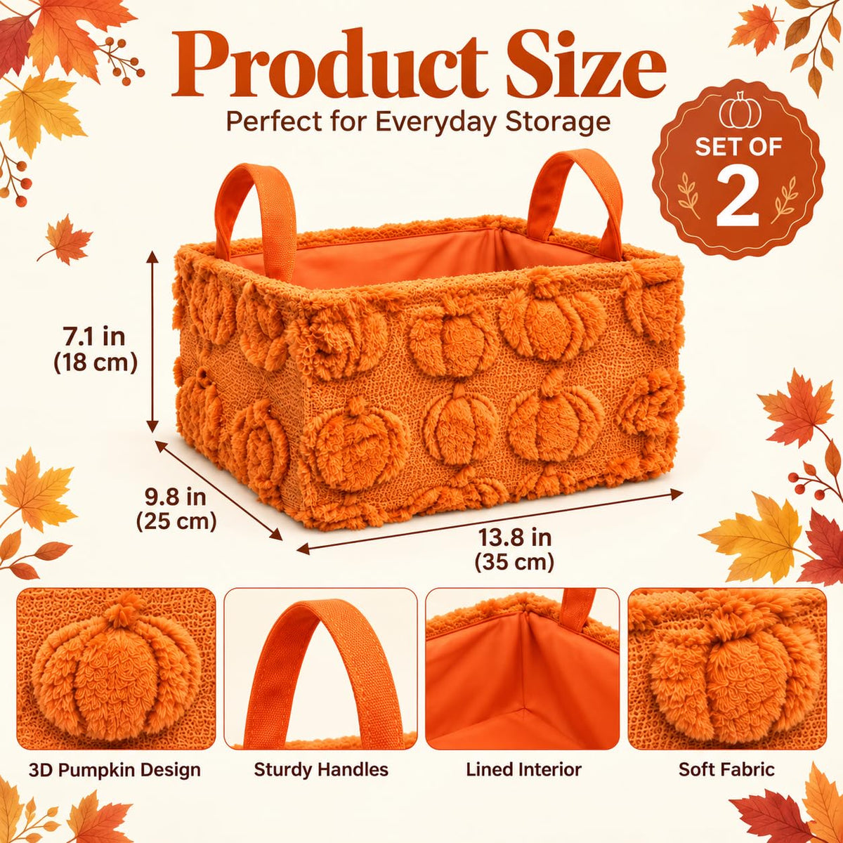 2 Pack Pumpkin Storage Baskets, 14x10'' Fall with Handles Orange-Pumpkin