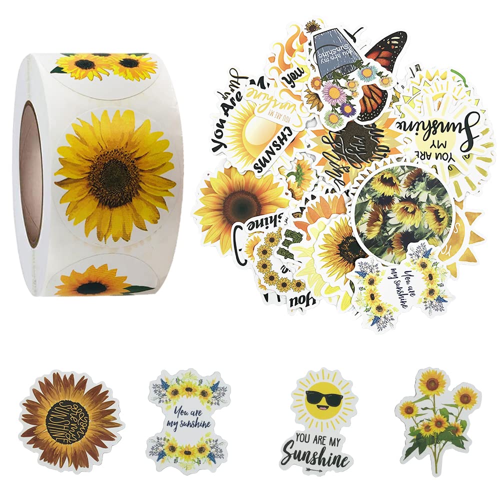 550 PCS Sunflower Stickers, SourceTon 500 PCS 1.5 Inch Sunflower Labels with 8 Sunflower Patterns Stickers Rolls Self Adhesive Seals and 50 PCS Sunflowers Mixed Stickers
