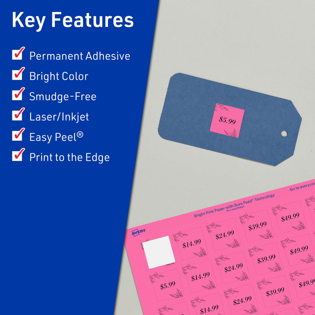 Avery® Printable Square Labels, Sure Feed® Technology, 3/4" x 3/4", Bright Pink Labels, Print-to-the-Edge, Laser/Inkjet, 1,600 Total, Great for Stickers and Mailing Seals 1,600 labels